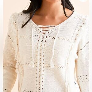 Daytrip Fringe Pointelle Ivory Long Sleeve Laced Up Knit Sweater-S Western Boho